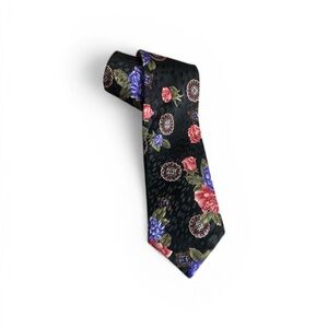 Vintage Men’s Jordache Black Tie with Floral Accents